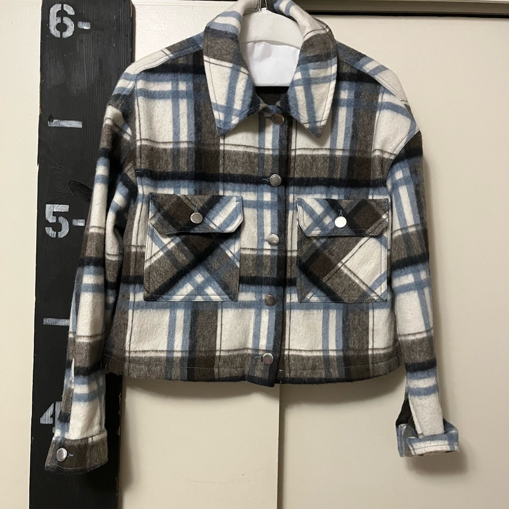 Zara Flannel Cropped Jacket Collared Button Down … - image 1